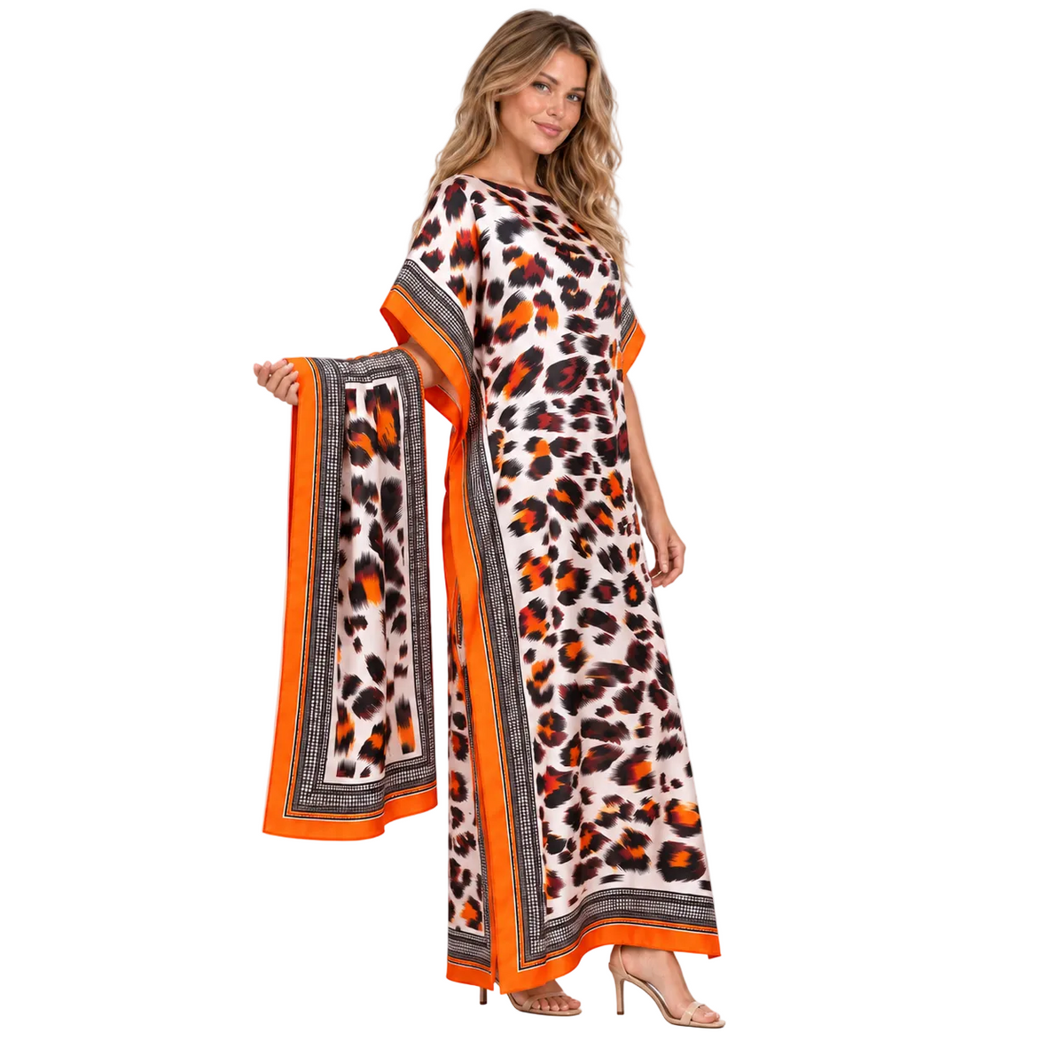 Coral Red Leopard Silk Satin Kaftan