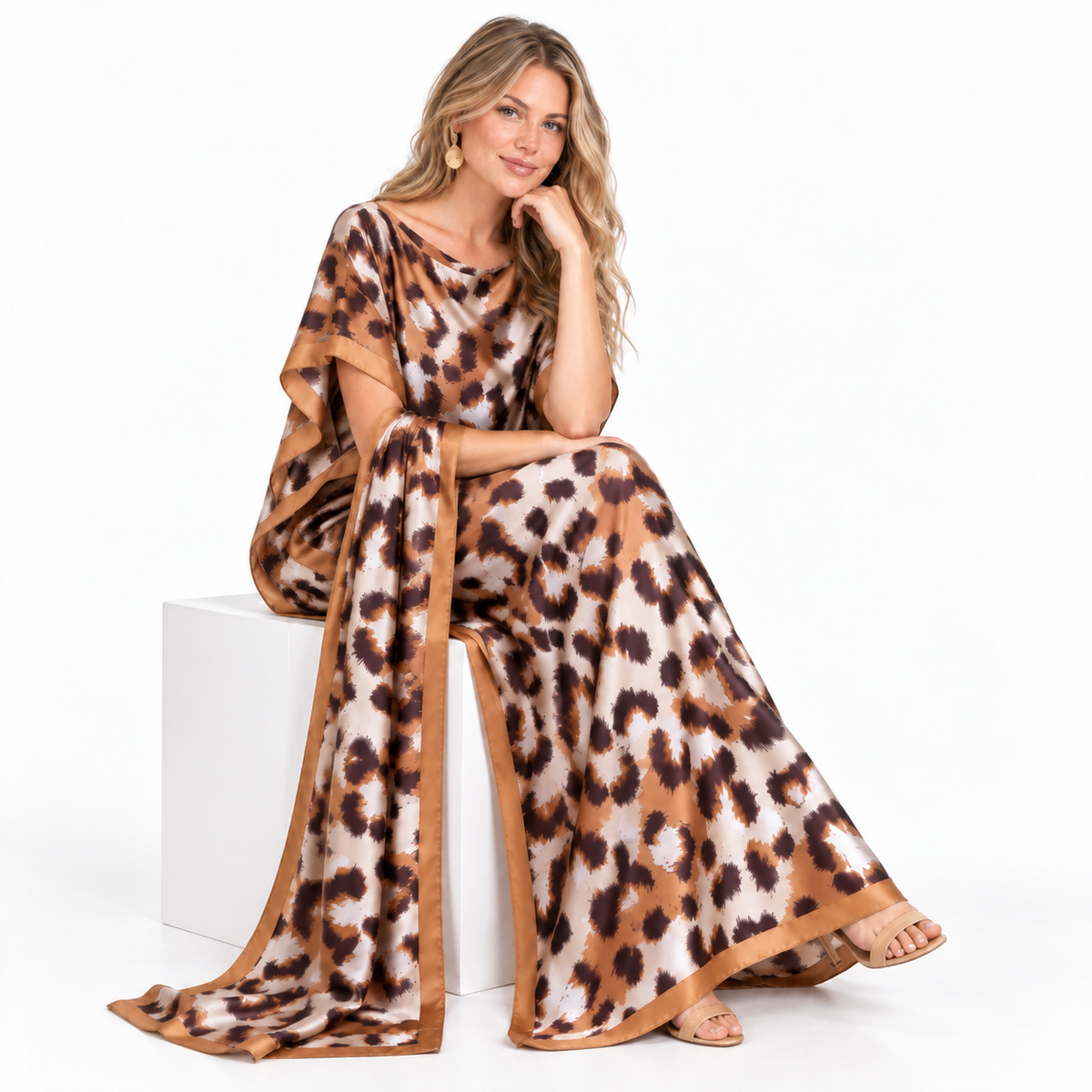 Leopard Print Silk Satin Luxury Kaftan