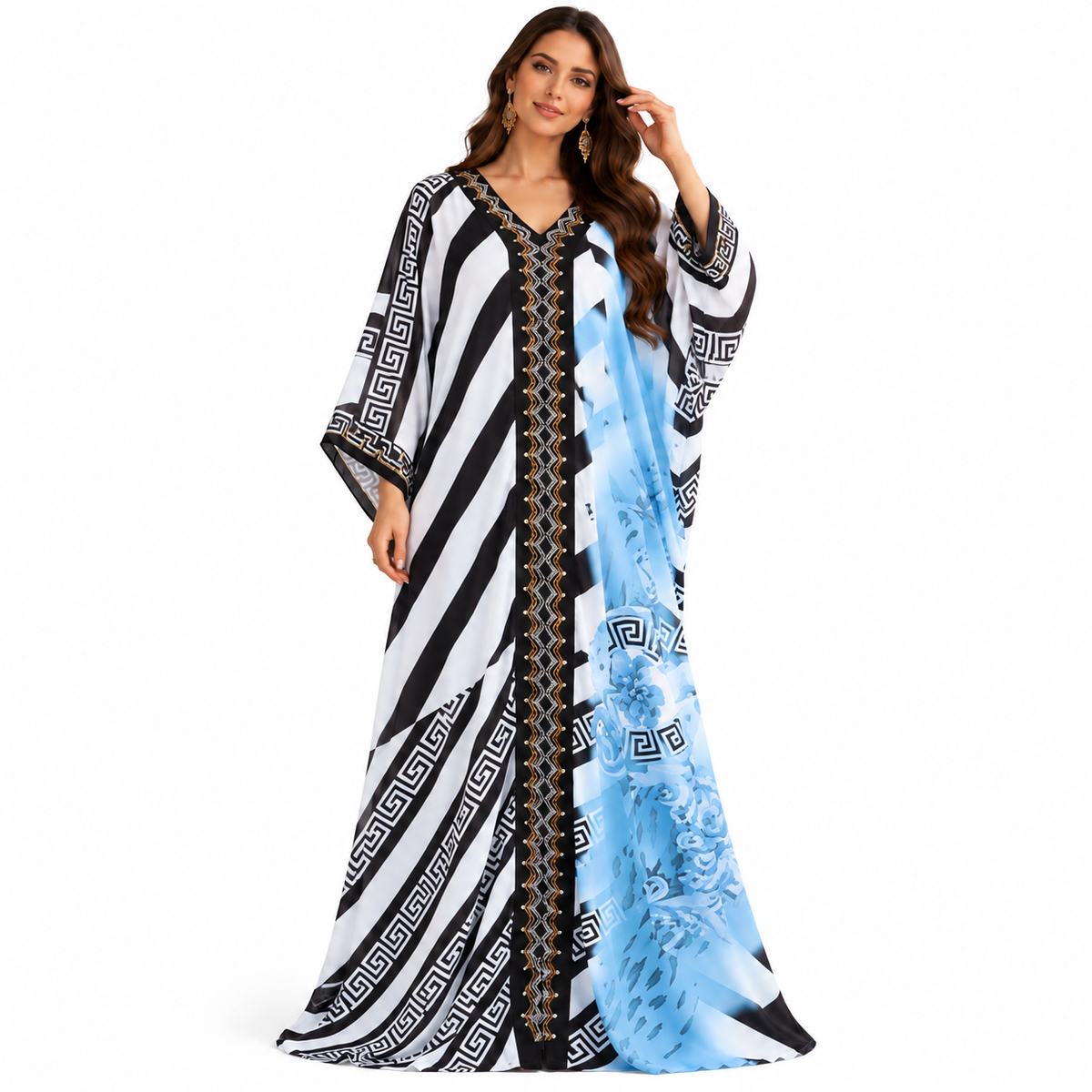 Blue Geometric Floral Luxury Baju Kaftan