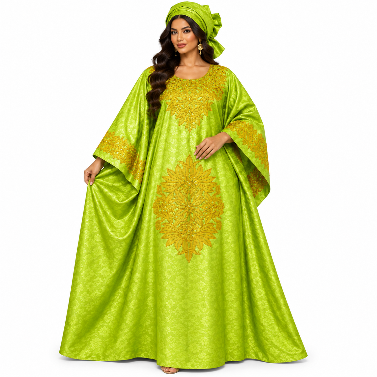 Lime Gold Embroidered Luxury Baju Kaftan
