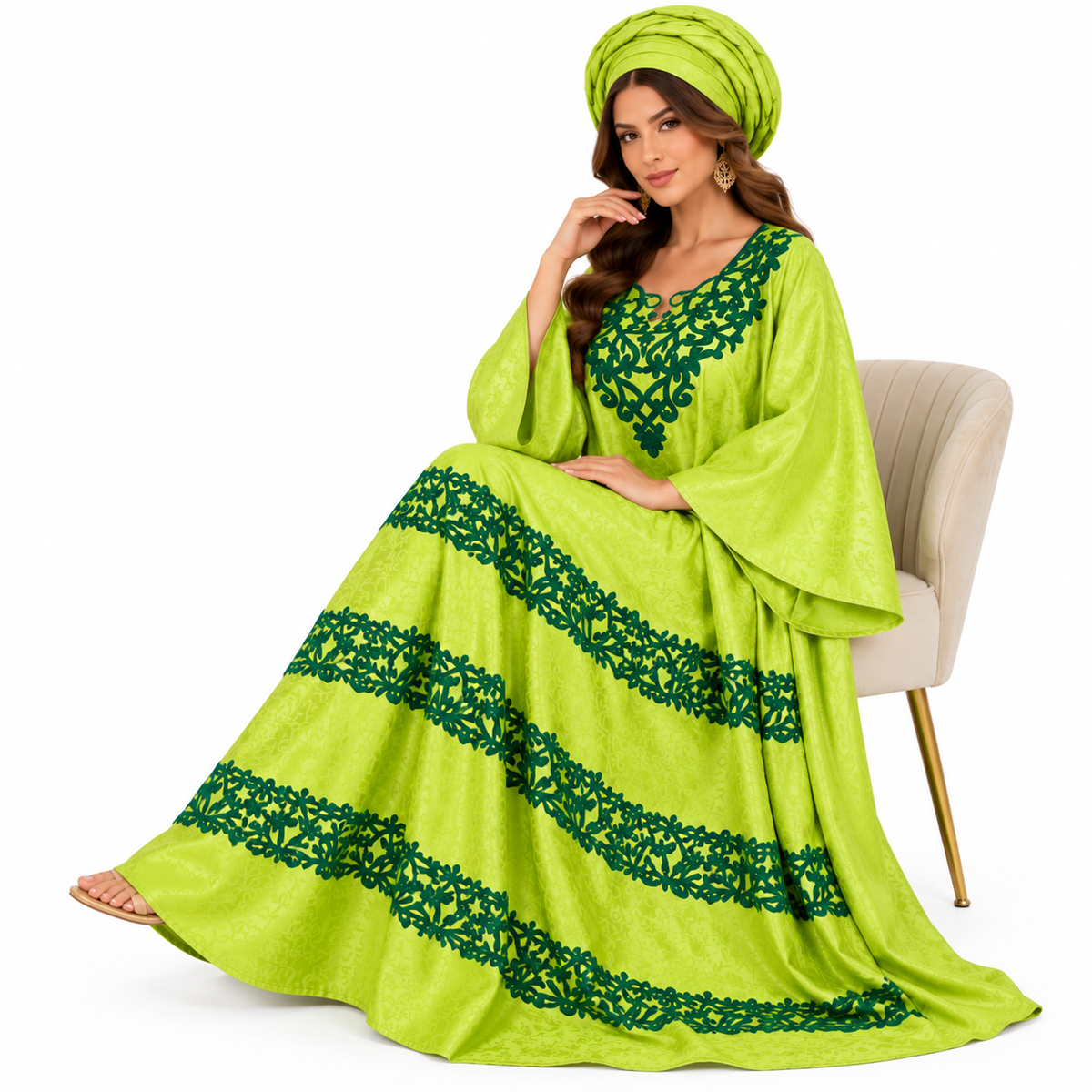 Lime Green Embroidered Flowing Baju Kaftan