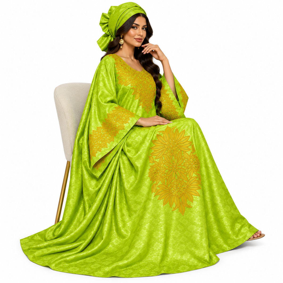 Lime Gold Embroidered Luxury Baju Kaftan