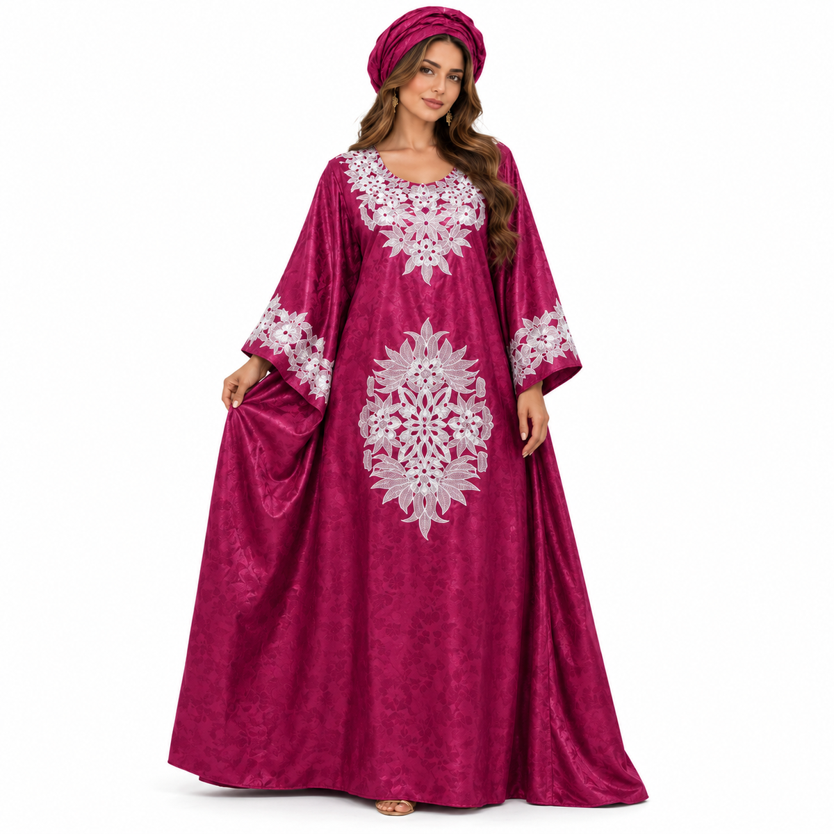 Mehroon Embroidered Satin Luxury Baju Kaftan