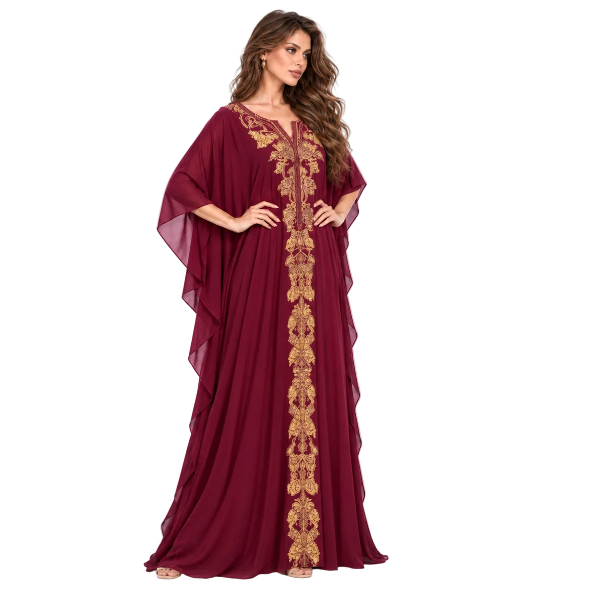 Burgundy Gold Embroidered Luxury Elegant Kaftan
