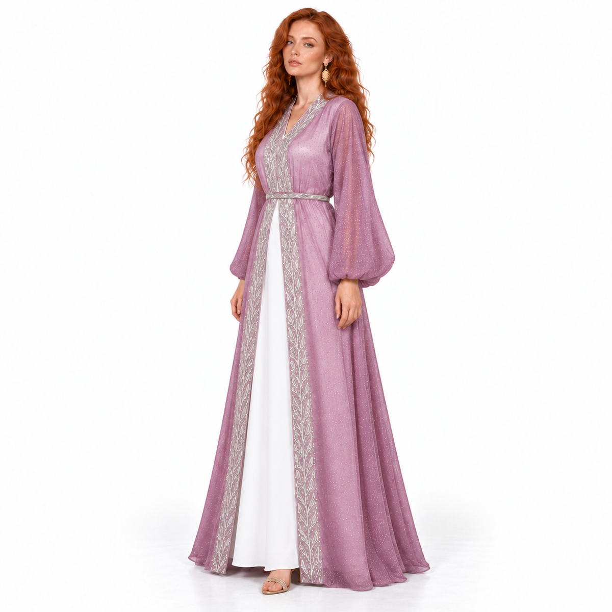 Mauve Silver Embroidered Elegant Lebaran Kaftan
