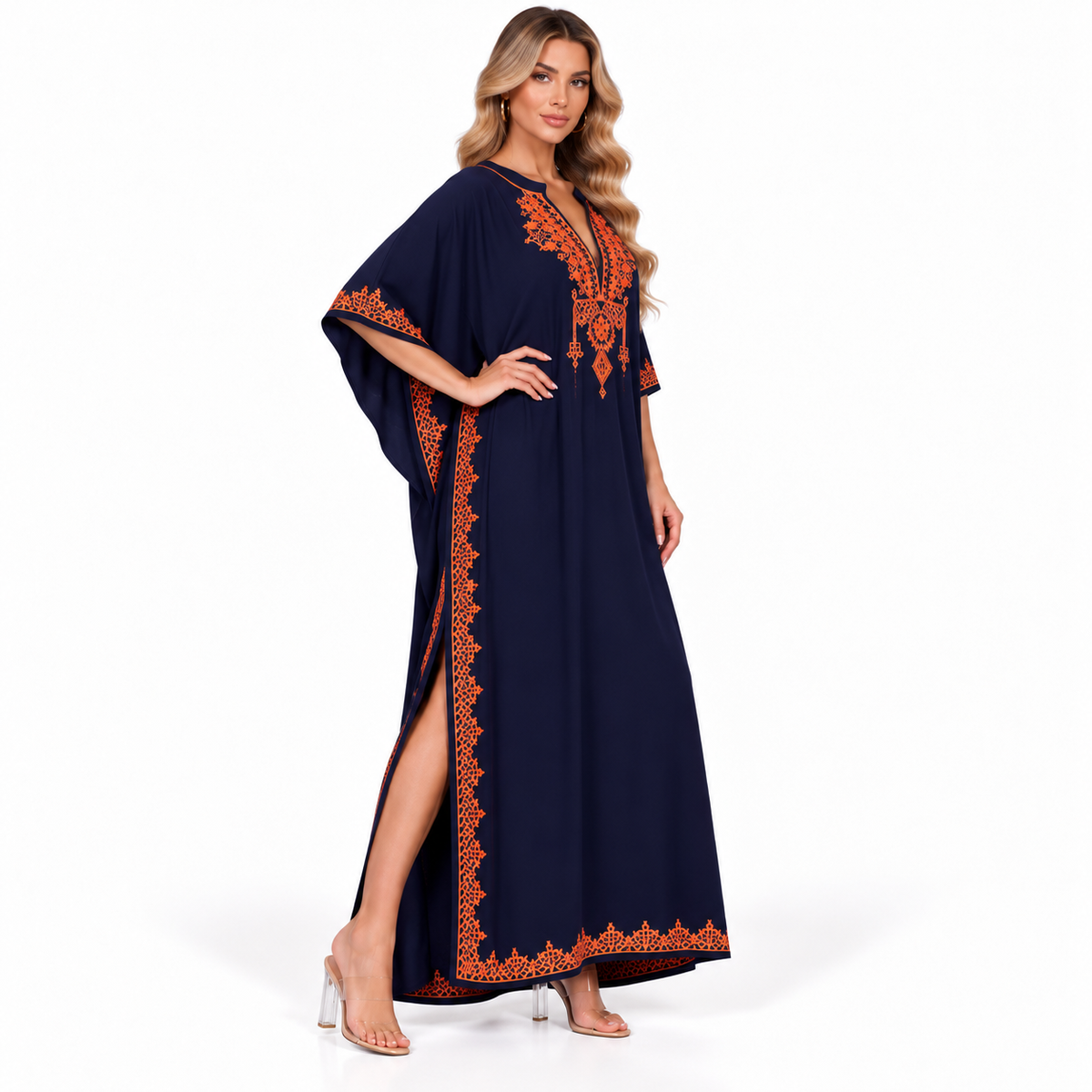 Elegant Navy Blue Embroidered Modern Kaftan