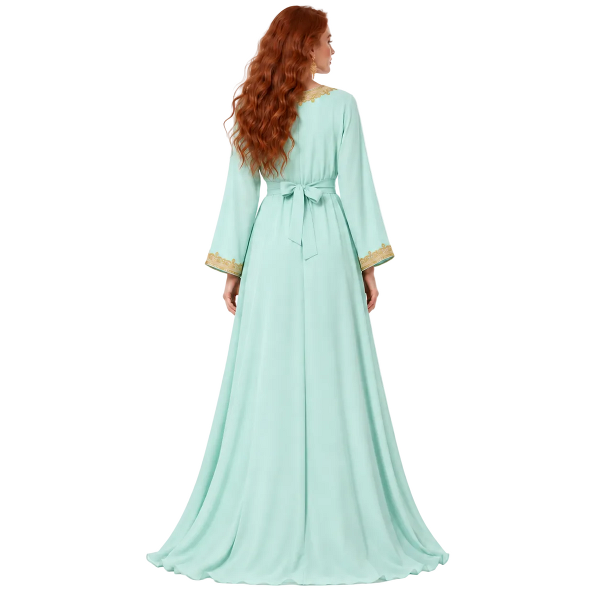 Elegant Light Green Gold Embroidered Lebaran Kaftan