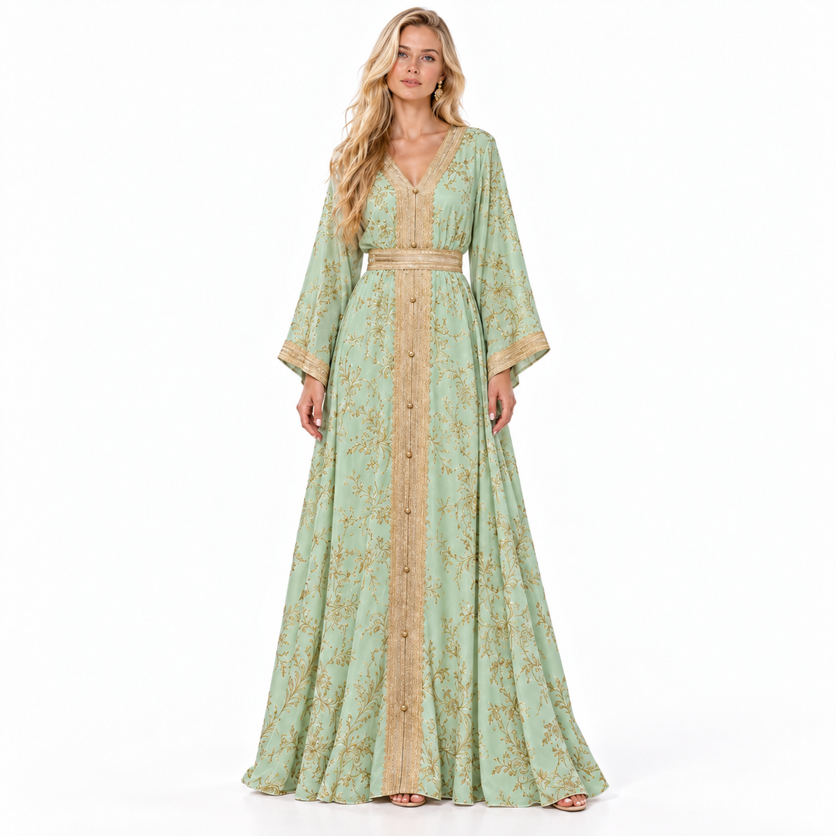 Mint Green Gold Embroidered Gamis Kaftan