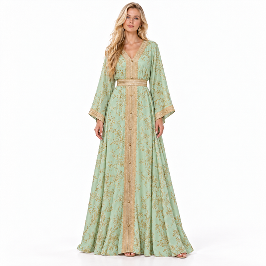 Mint Green Gold Embroidered Gamis Kaftan