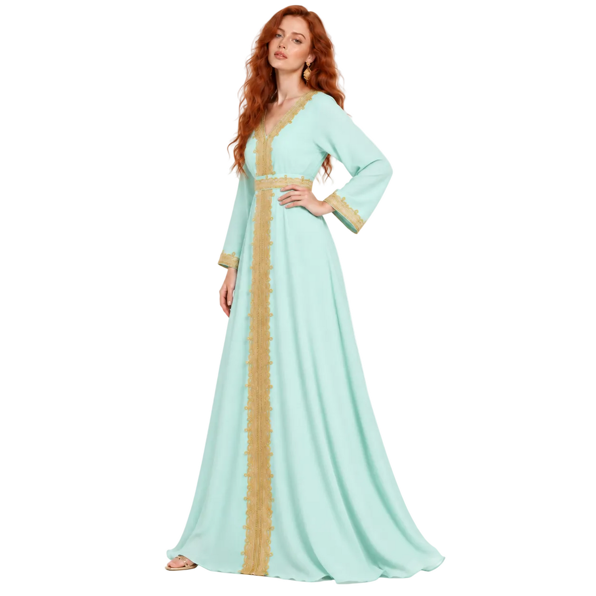 Elegant Light Green Gold Embroidered Lebaran Kaftan
