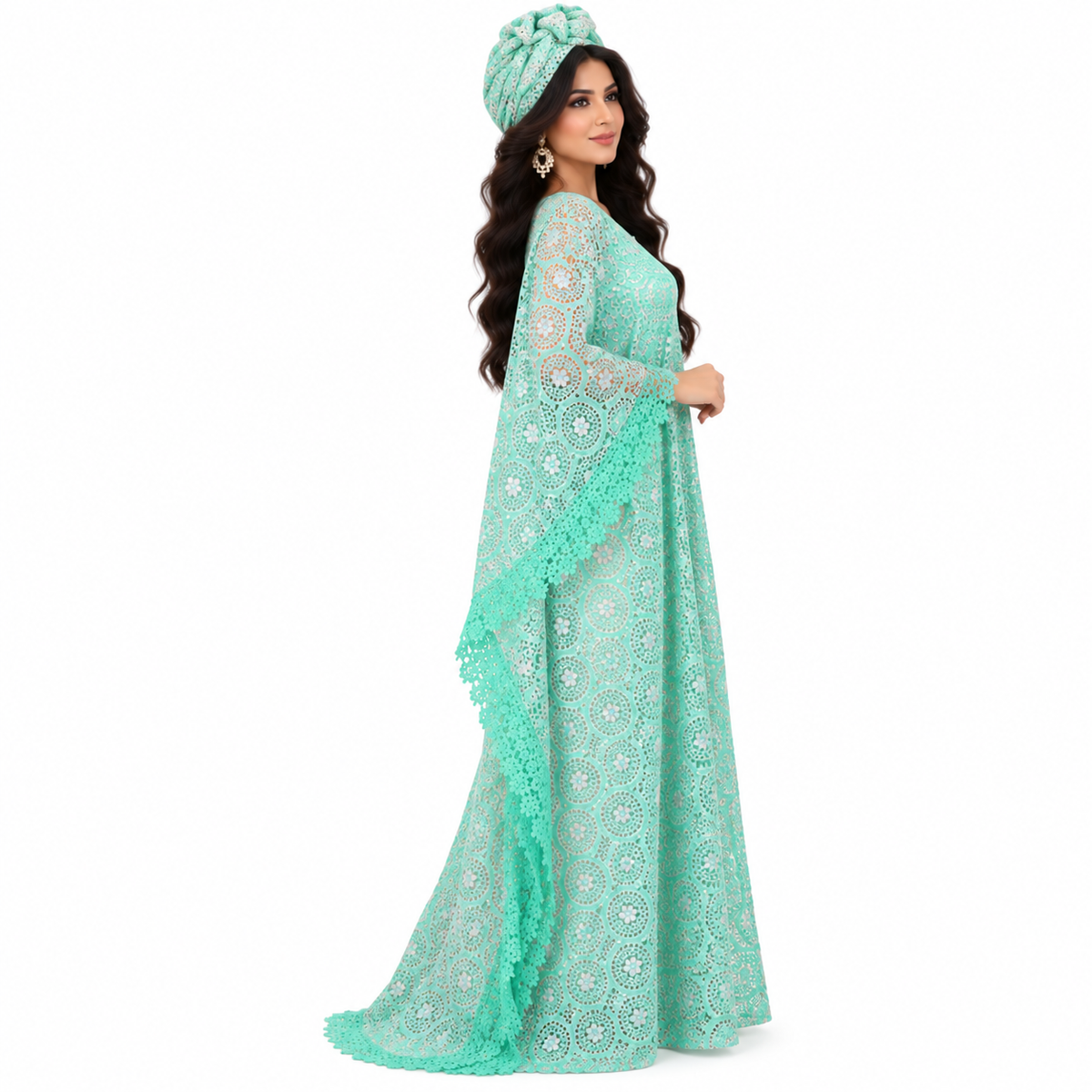 Green Lace Flowing Baju Kaftan Dress