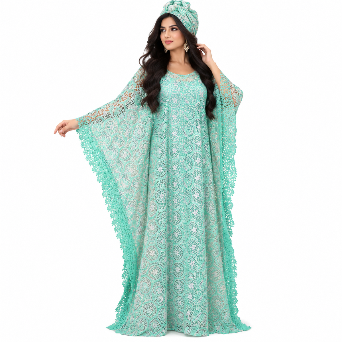 Green Lace Flowing Baju Kaftan Dress