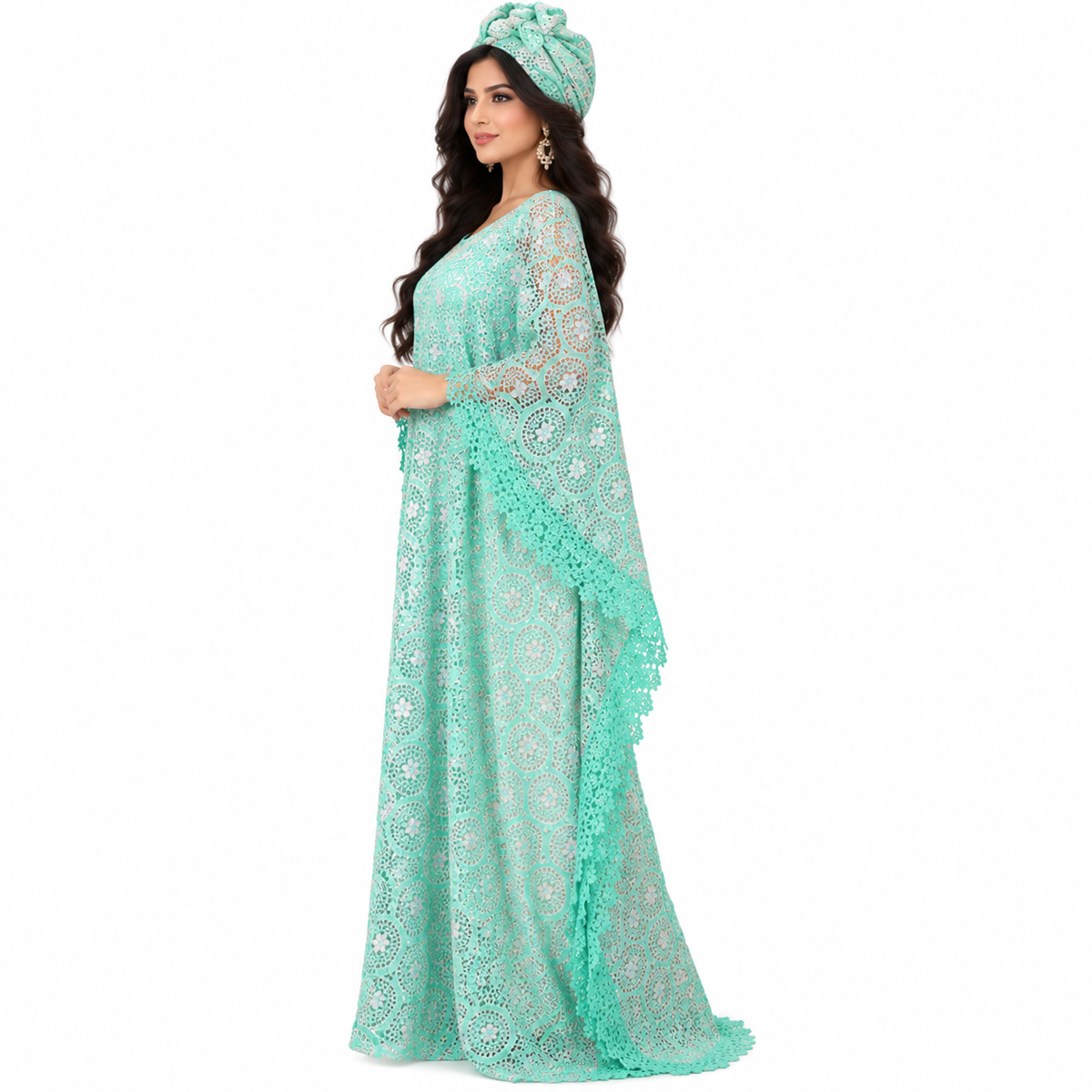 Green Lace Flowing Baju Kaftan Dress