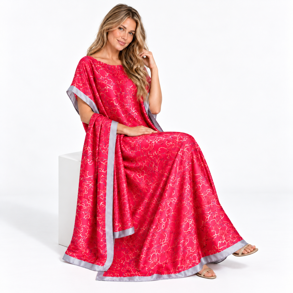 Rose Red Printed Silk Satin Kaftan