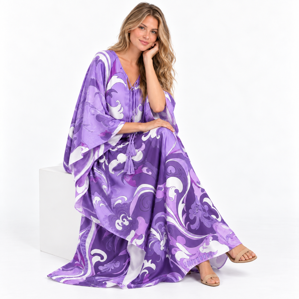 Purple Floral Print Silk Satin Kaftan