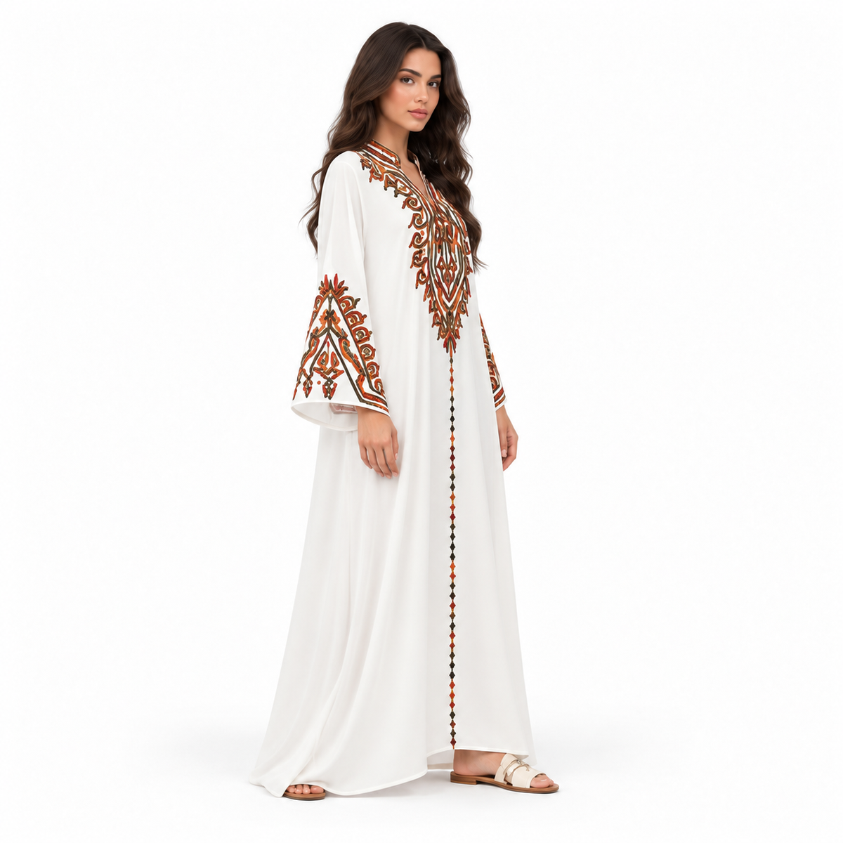 White Kaftan Elegant Embroidered Maxi Dress