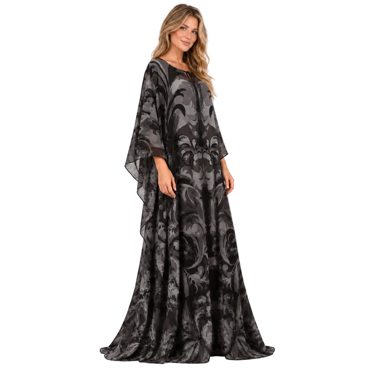 Black Floral Print Silk Satin Kaftan