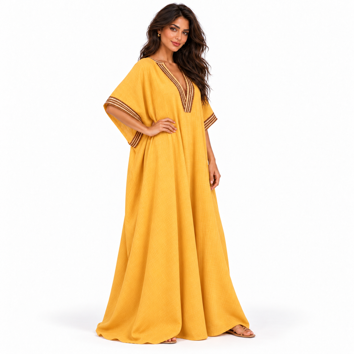 Elegant Khaki Embroidered V-Neck Linen Kaftan