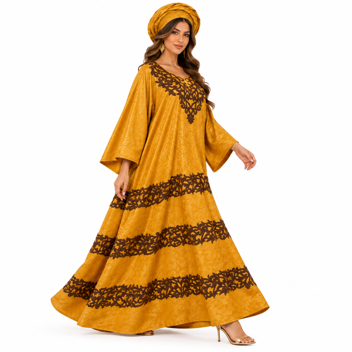 Mustard Gold Brown Embroidered Baju Kaftan