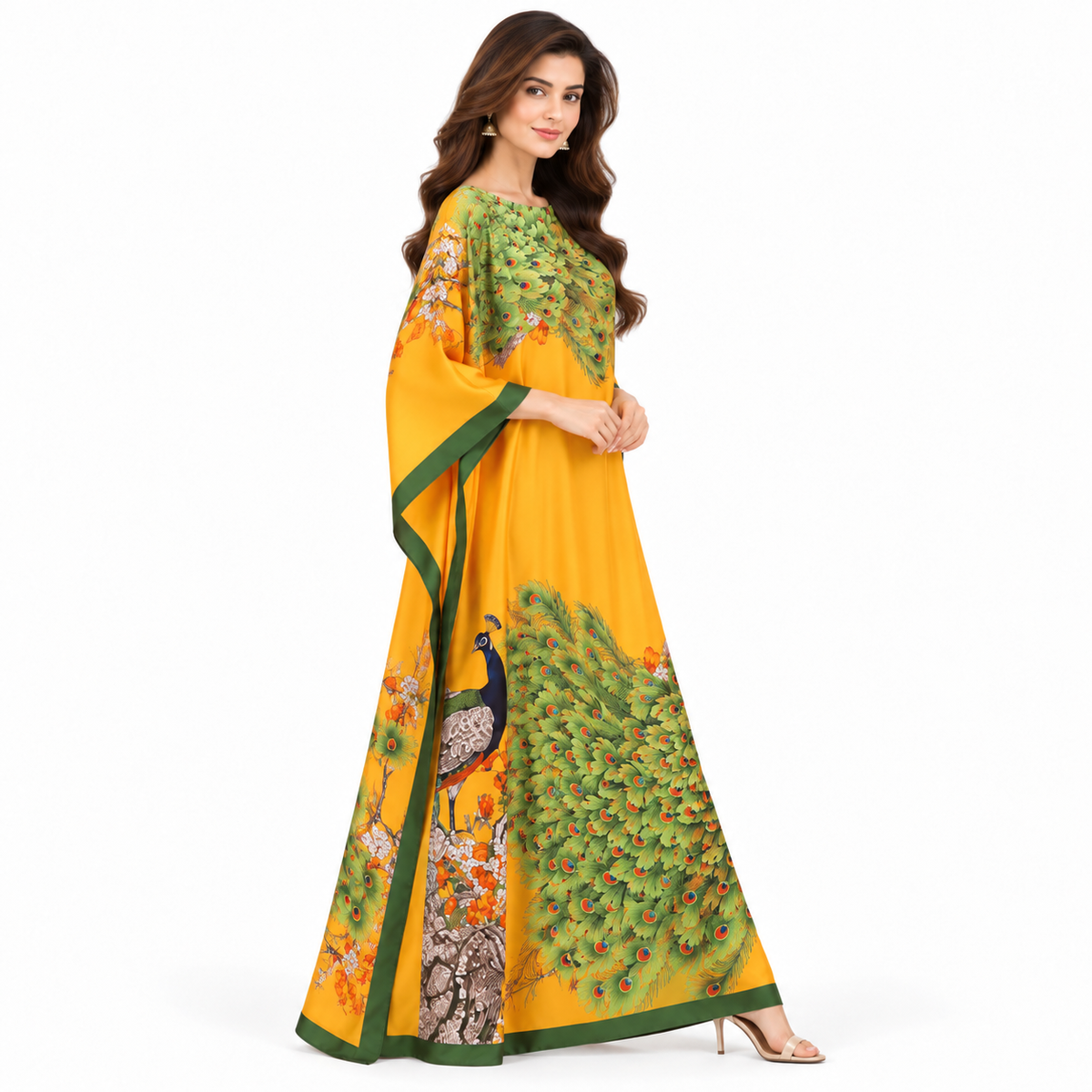 Elegant Yellow Peacock Printed Pakistani Kaftan