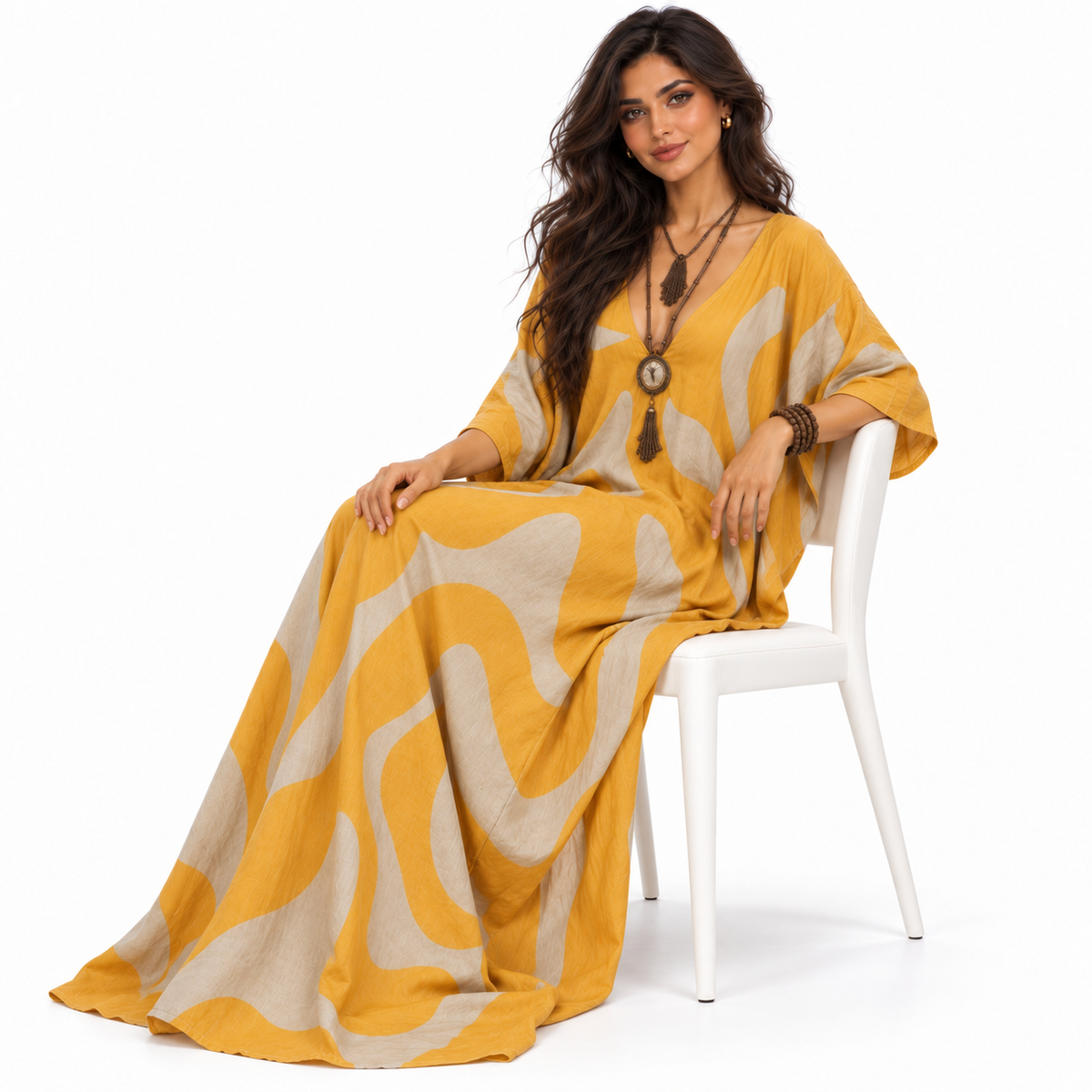 Elegant Mustard Yellow Abstract Linen Kaftan