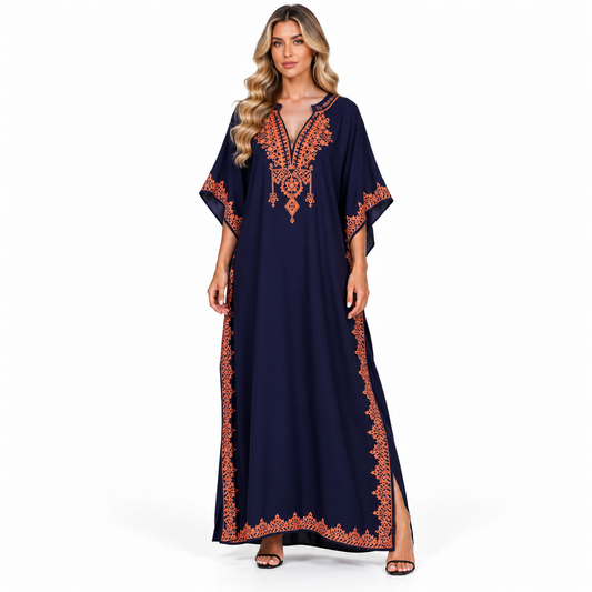 Elegant Navy Blue Embroidered Modern Kaftan