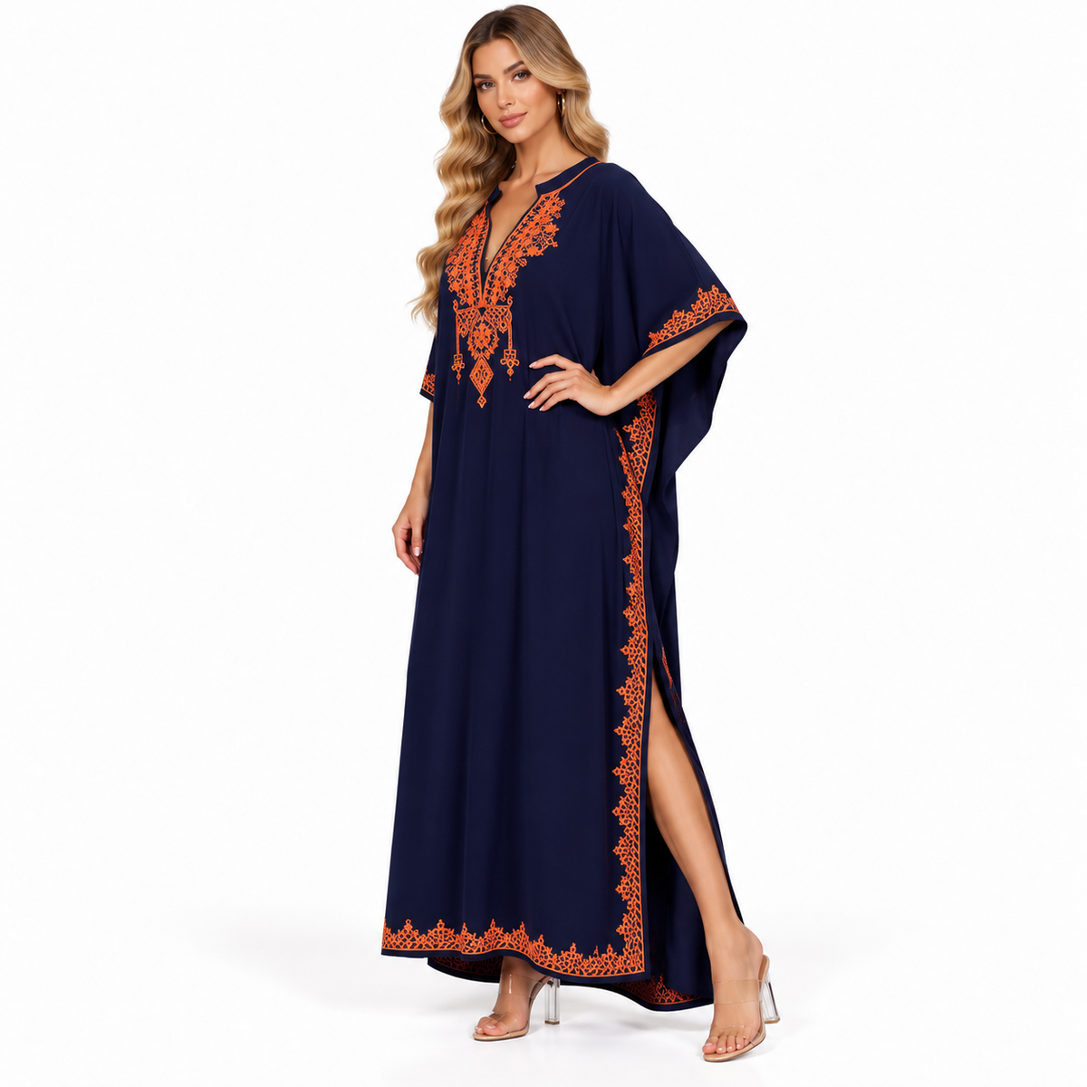 Elegant Navy Blue Embroidered Modern Kaftan