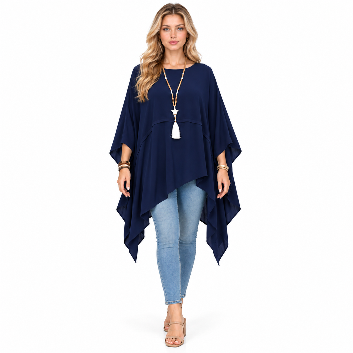 Elegant Navy Blue Flowy Kaftan Top