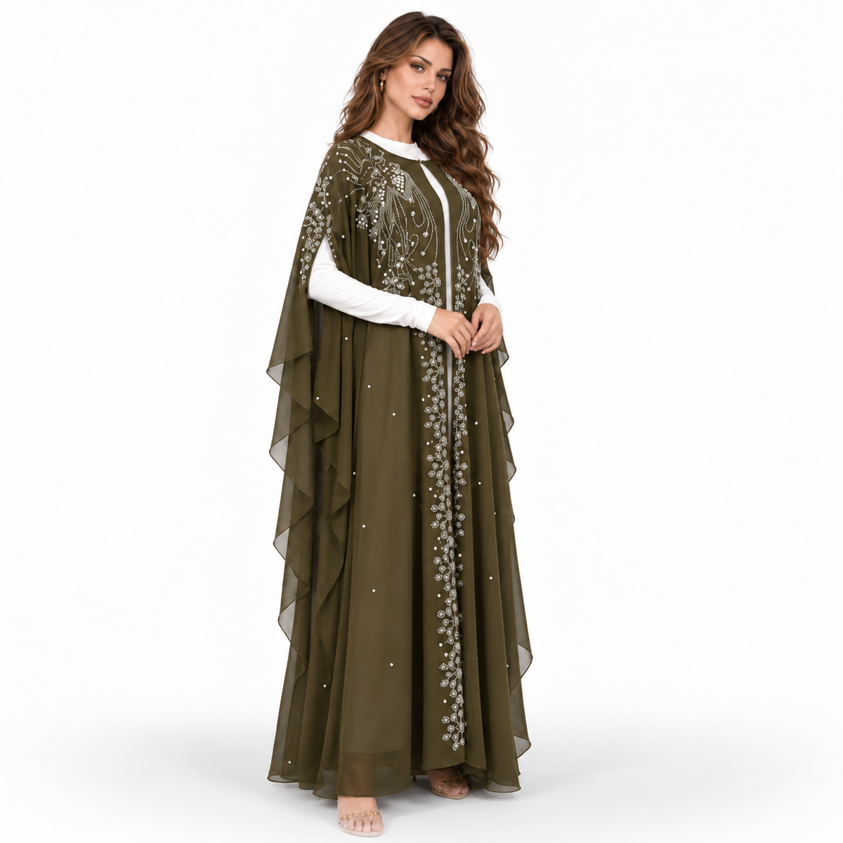 Green Embellished Butterfly Sleeve Elegant Kaftan
