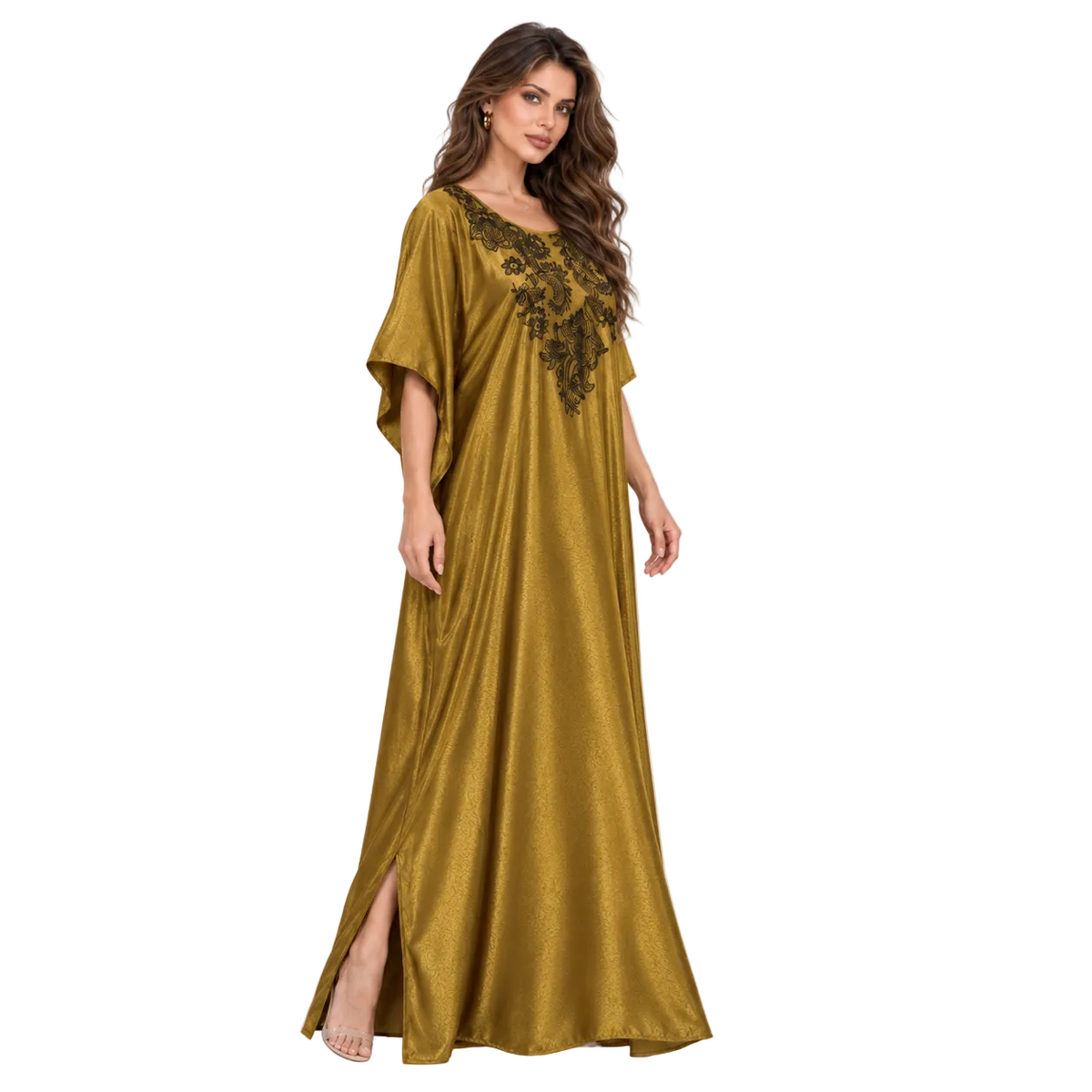 Olive Gold Floral Embroidered Elegant Kaftan