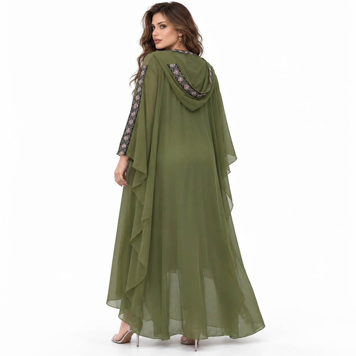 Green Embroidered Chiffon Hooded Elegant Kaftan