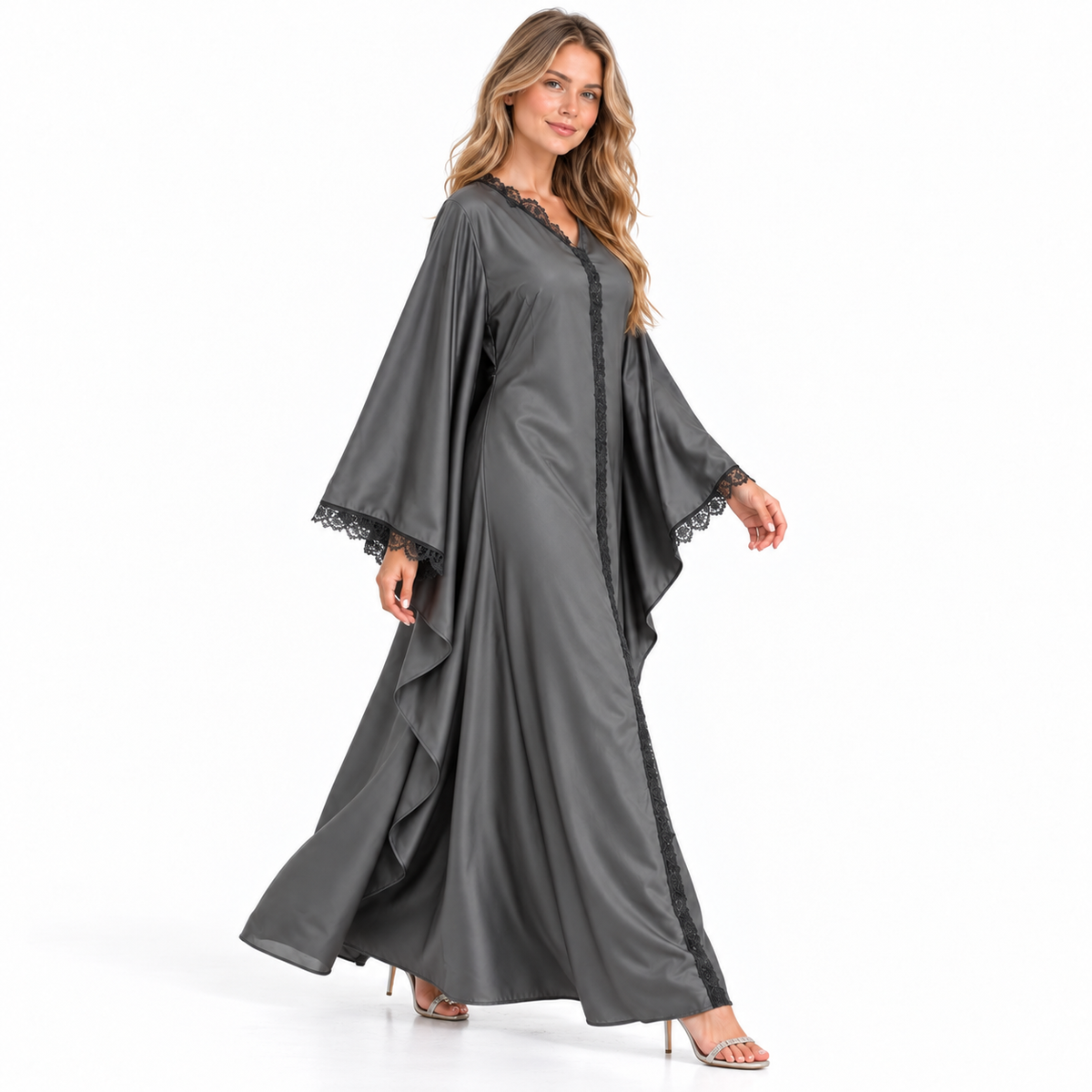 Grey Lace Trimmed Silk Satin Kaftan