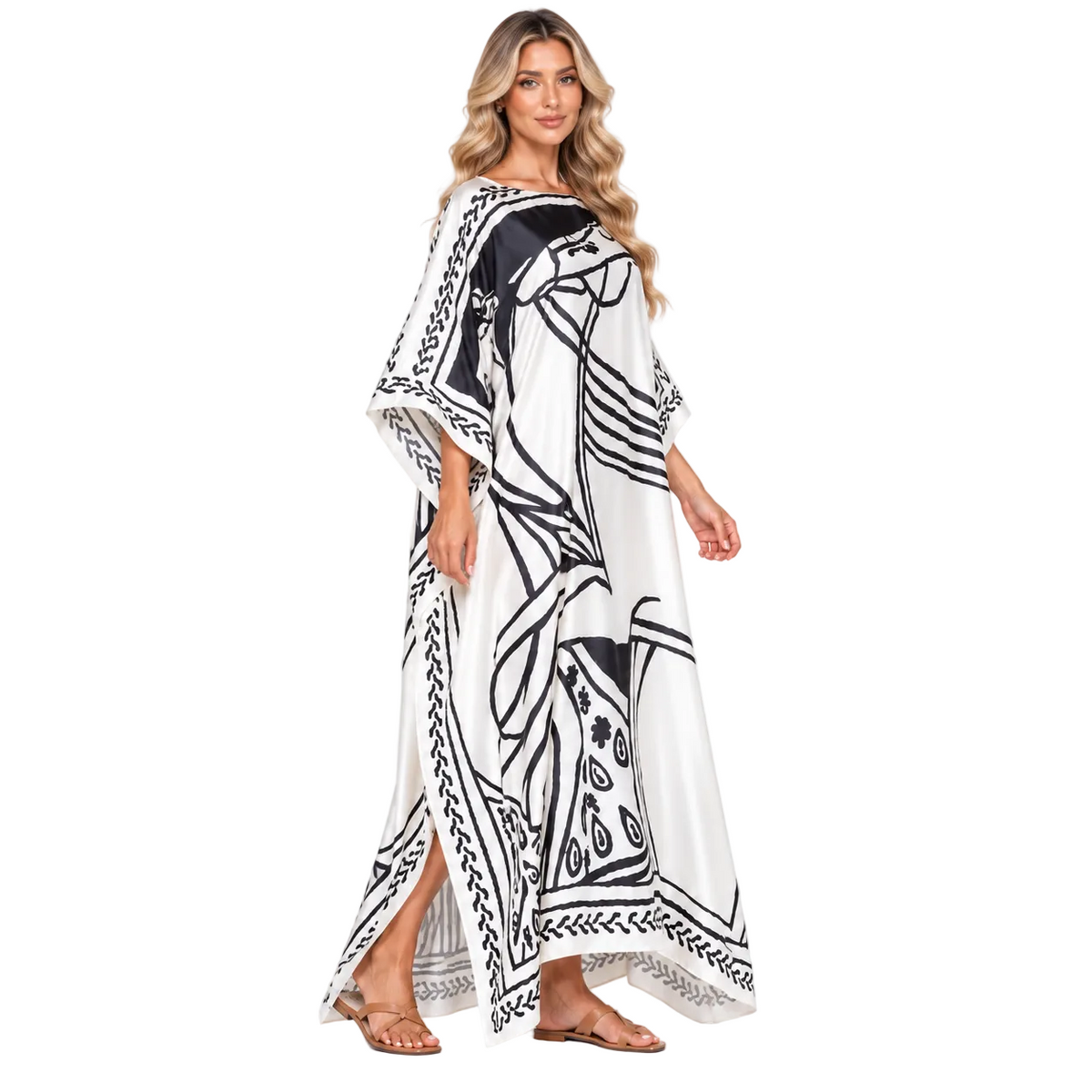 White Abstract Print Modern Kaftan Dress