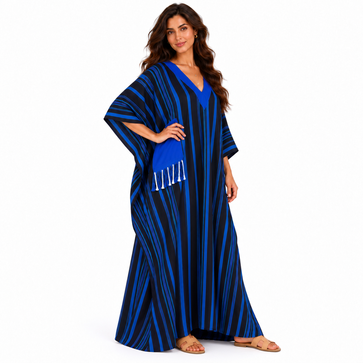 Elegant Blue Striped Oversized Linen Kaftan