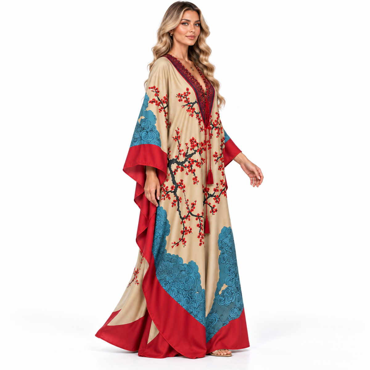 Beige Floral Print Elegant Modern Kaftan