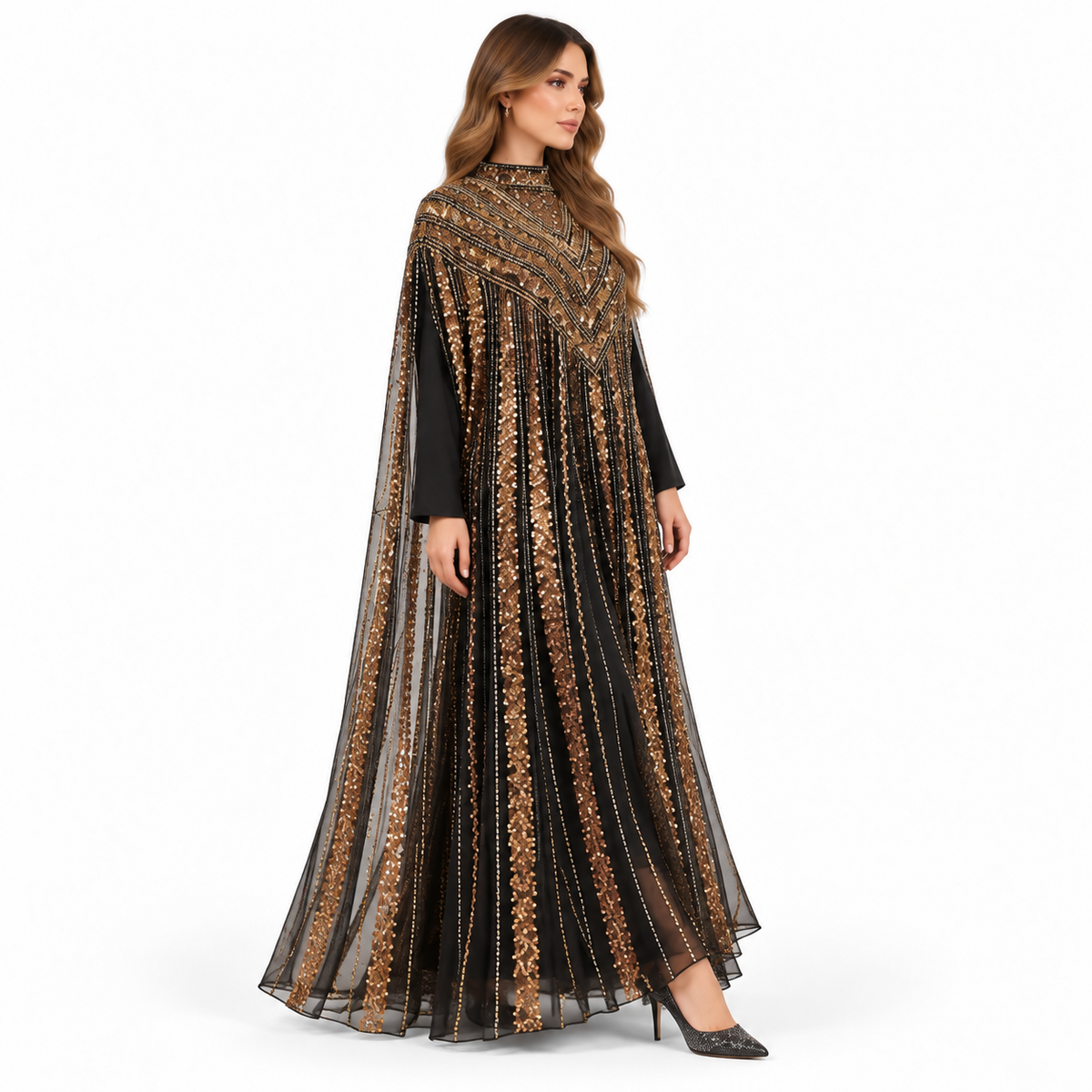Elegant Black Gold Embroidered Sequin Kaftan
