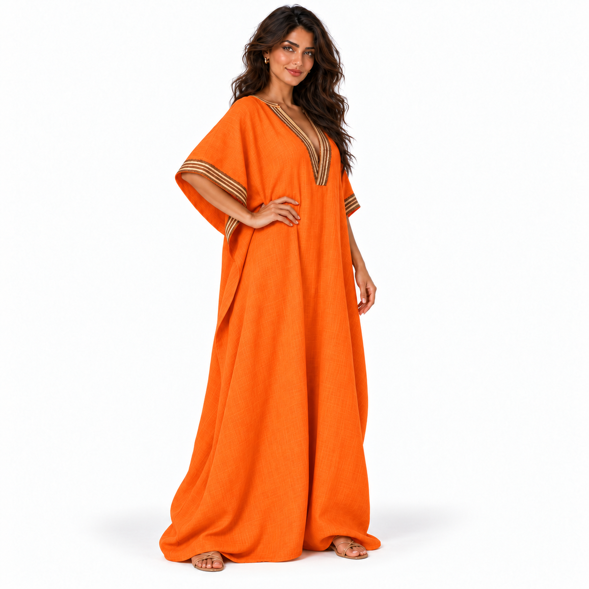 Orange Linen Kaftan With Elegant Embroidery