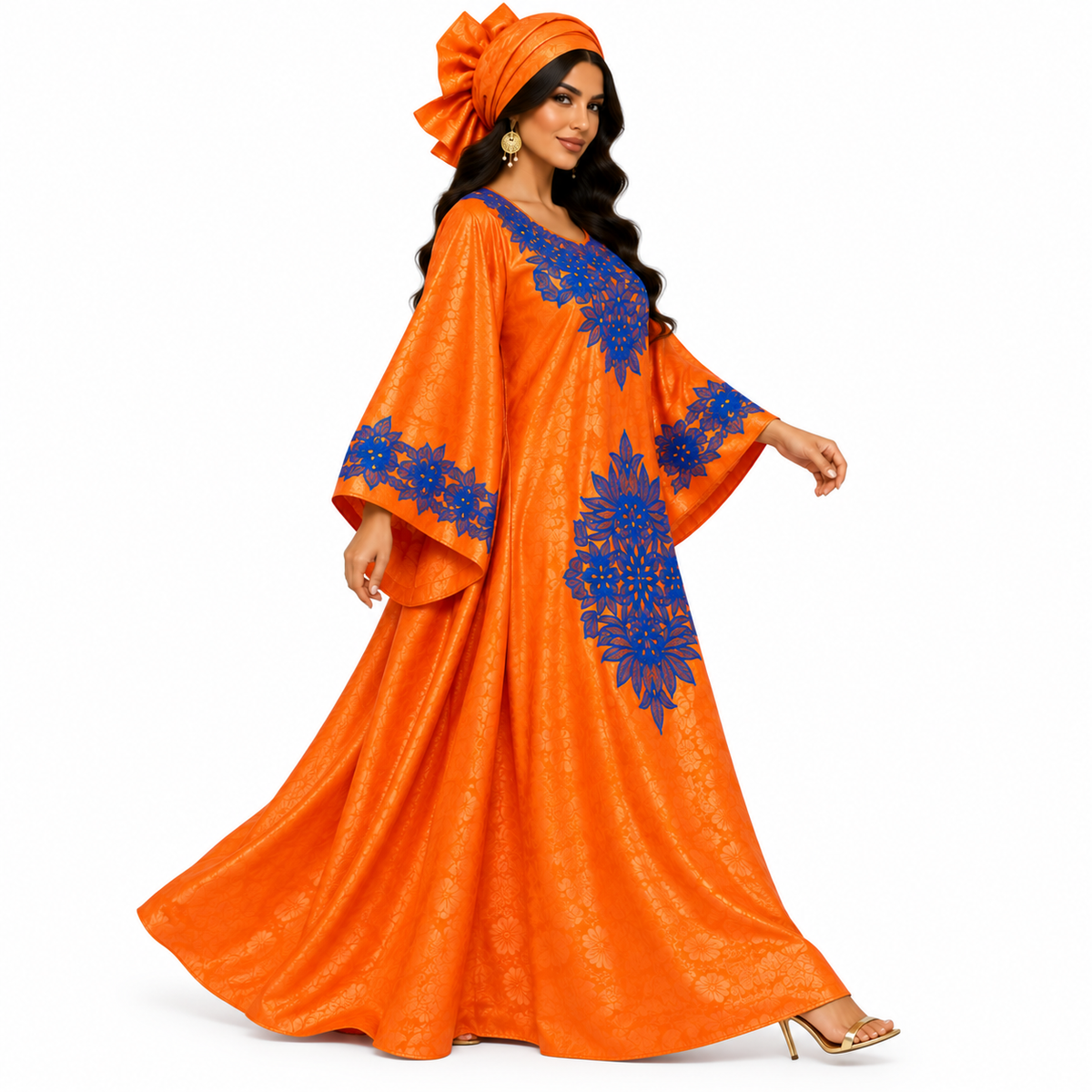 Orange Blue Embroidered Luxury Baju Kaftan