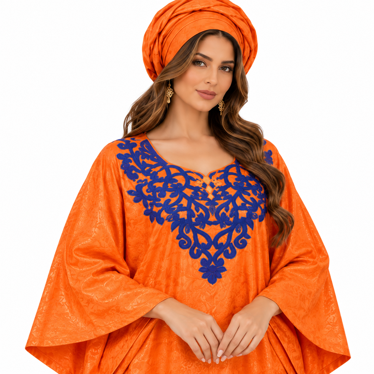 Orange Blue Embroidered Flowing Baju Kaftan