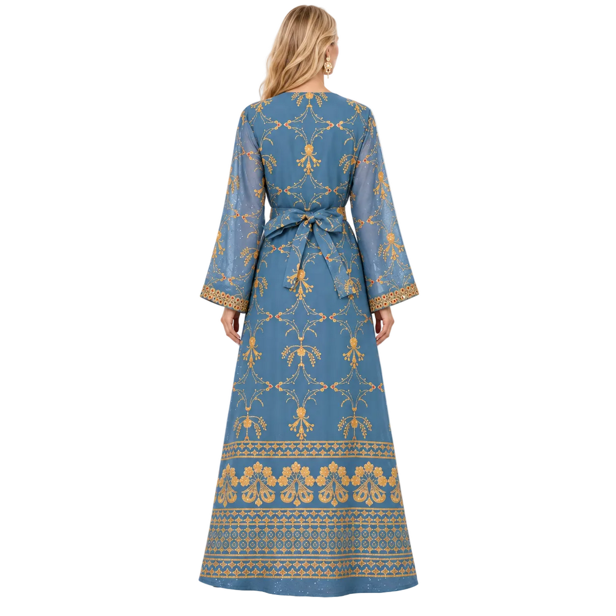 Blue Gold Embroidered Luxury Gamis Kaftan