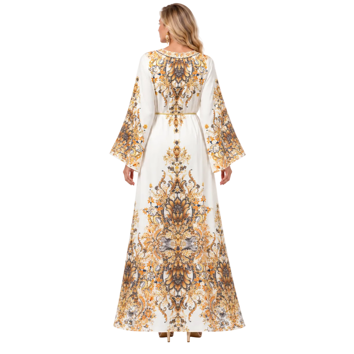 White Floral Printed Elegant Gamis Kaftan