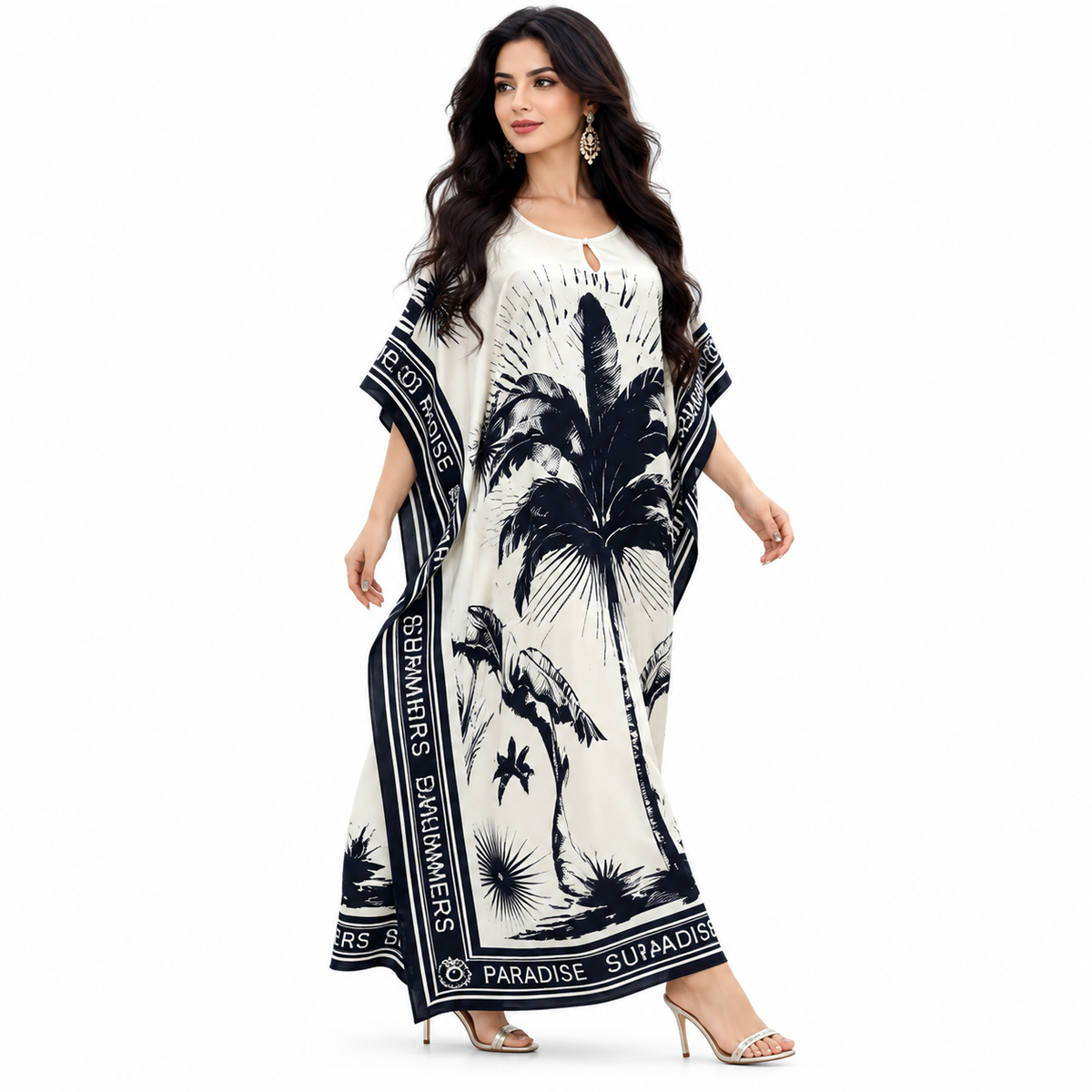 Champagne Tropical Print Relaxed Baju Kaftan