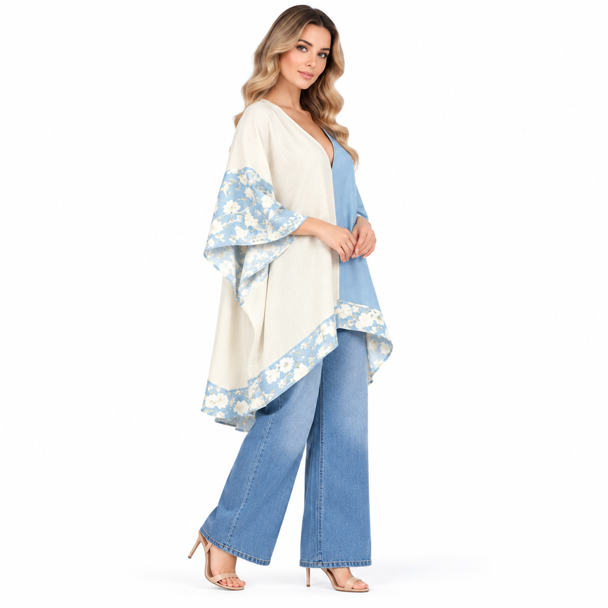 Elegant Blue Cream Floral Kaftan Top