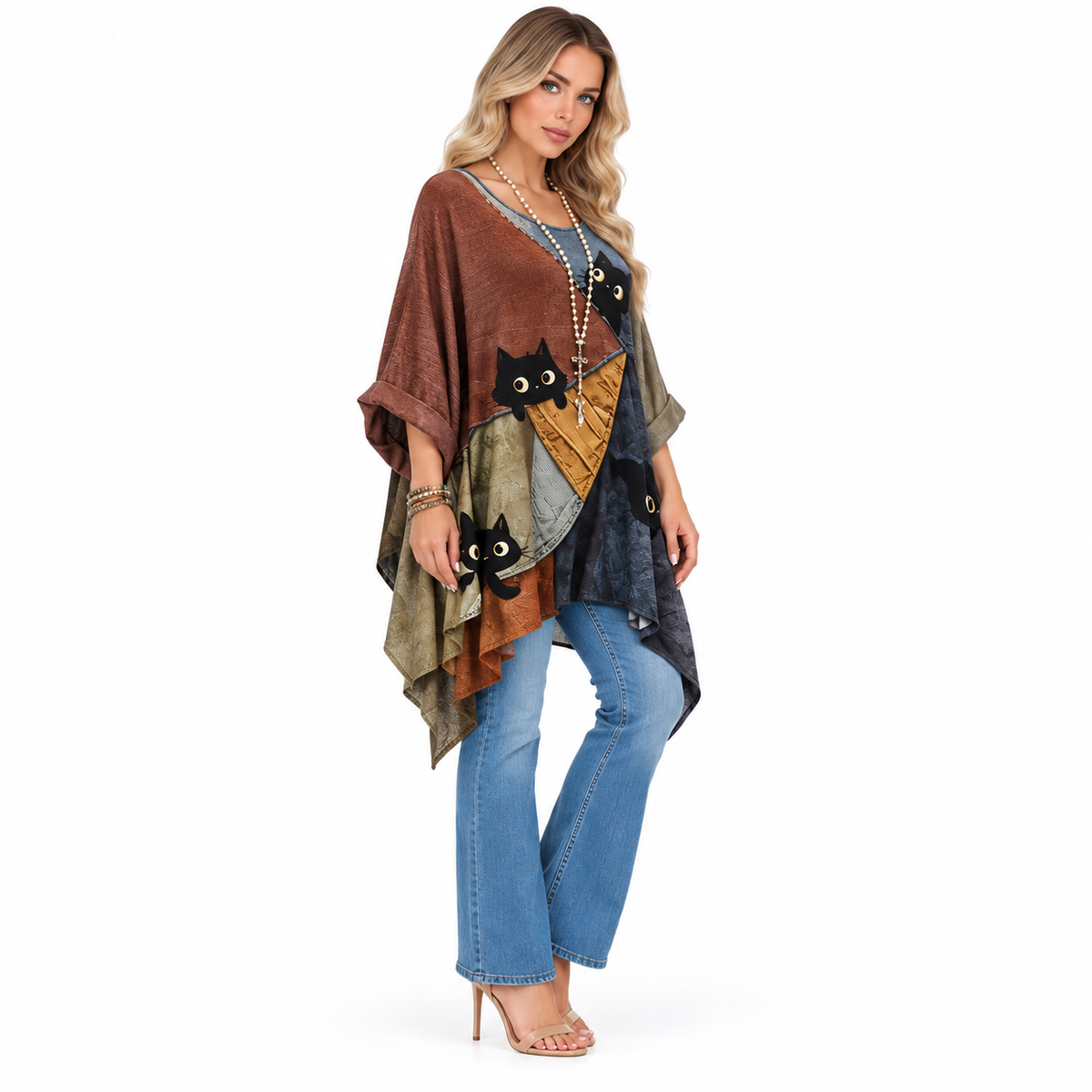 Artistic Multicolor Cat Print Kaftan Top