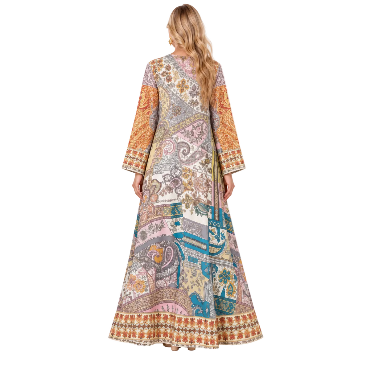 Multicolor Paisley Printed Elegant Gamis Kaftan