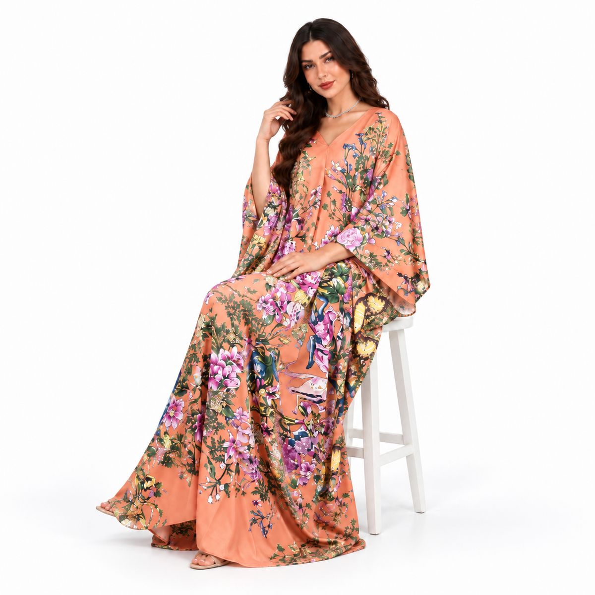 Peach Floral Print Plus Size Kaftan