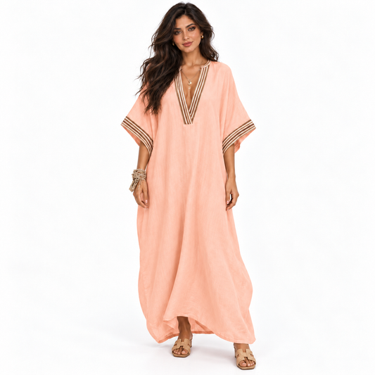 Elegant Peach Blossom V-Neck Linen Kaftan