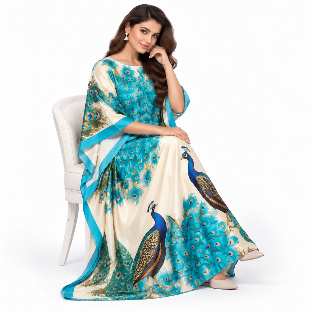 Elegant Pakistani Peacock Print Satin Kaftan