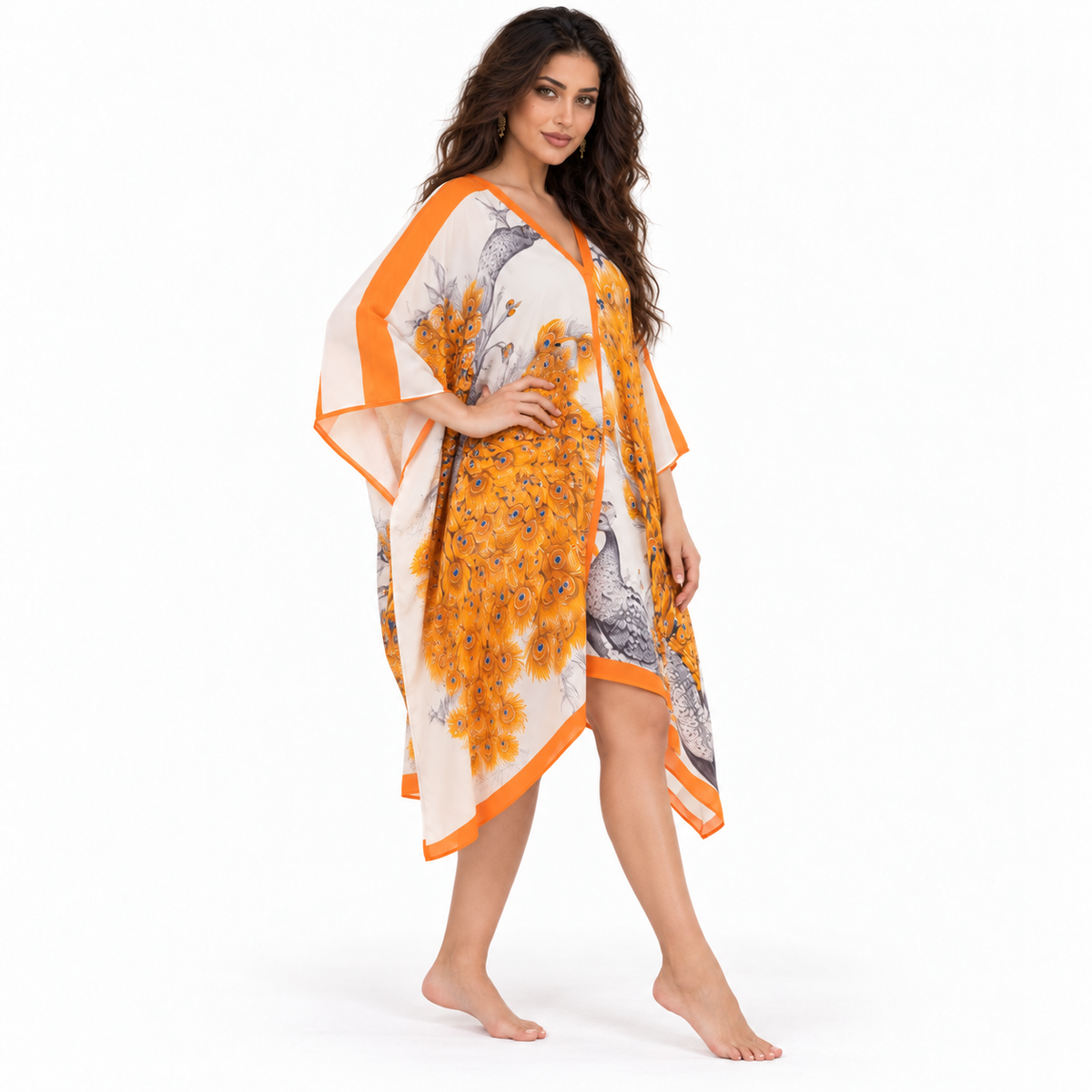 Orange Peacock Print Flowing Beach Kaftan
