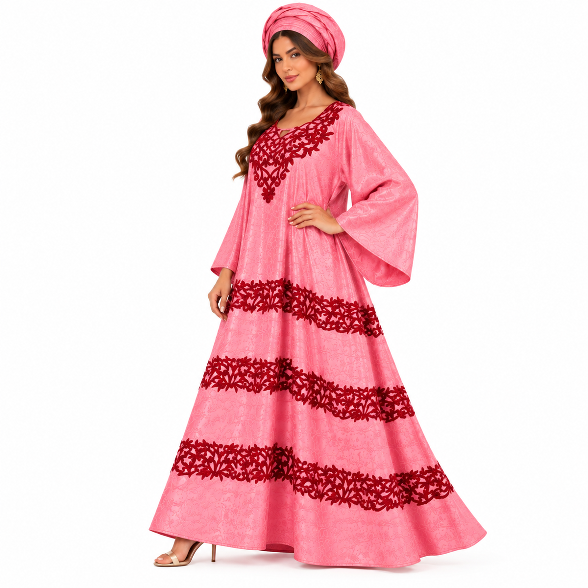 Pink Burgundy Embroidered Flowing Baju Kaftan